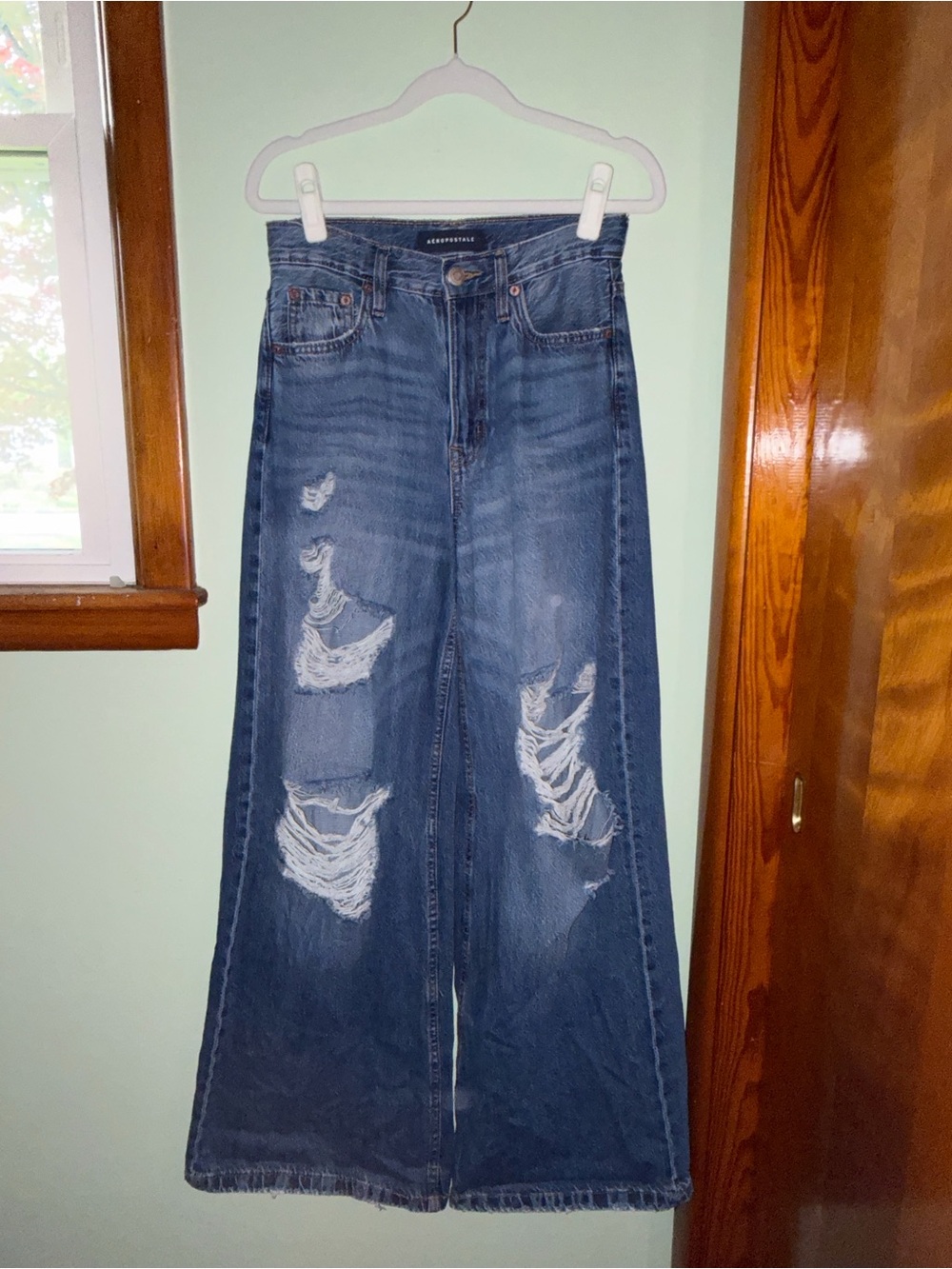 Aeropostale Distressed Wide-Leg Jeans in Dark Blue